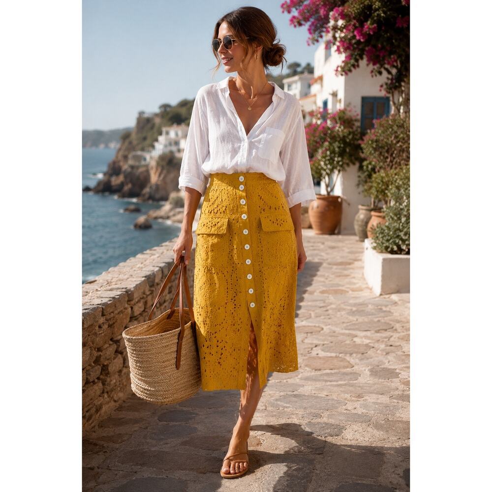 Tracy Reese x Anthropologie Marigold Eyelet Midi Skirt 0 New Coastal Boho Luxe